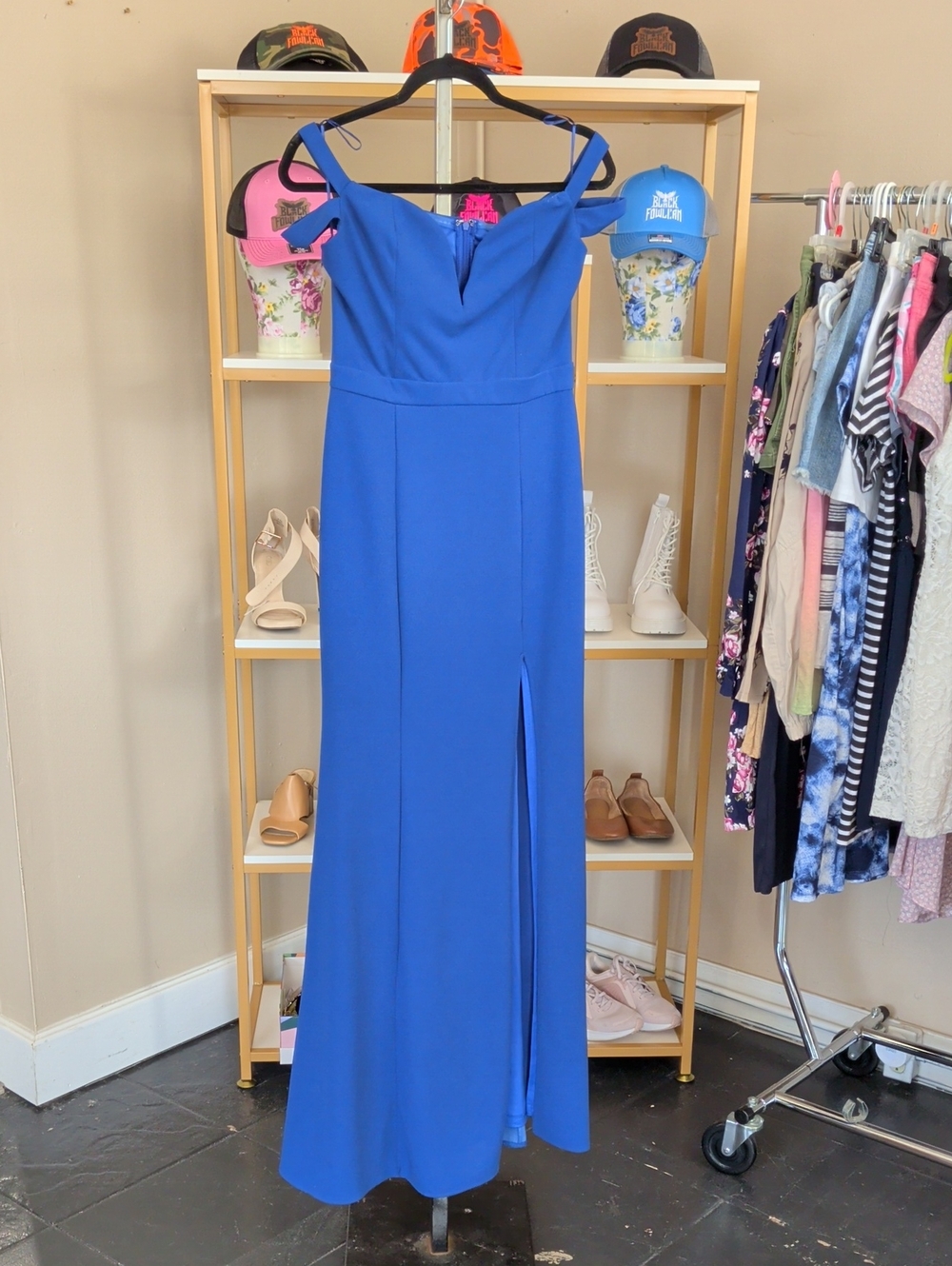 Off-Shoulder Royal Blue Maxi Gown with Front Slit